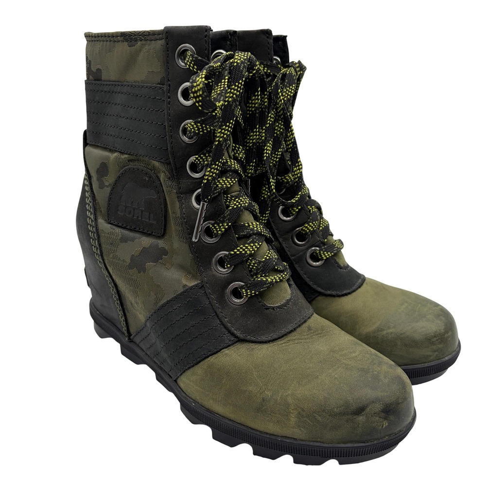 Sorel Joan of Arctic Wedge II Womens 7.5 Olive Camo Waterproof Boots Gorpcore